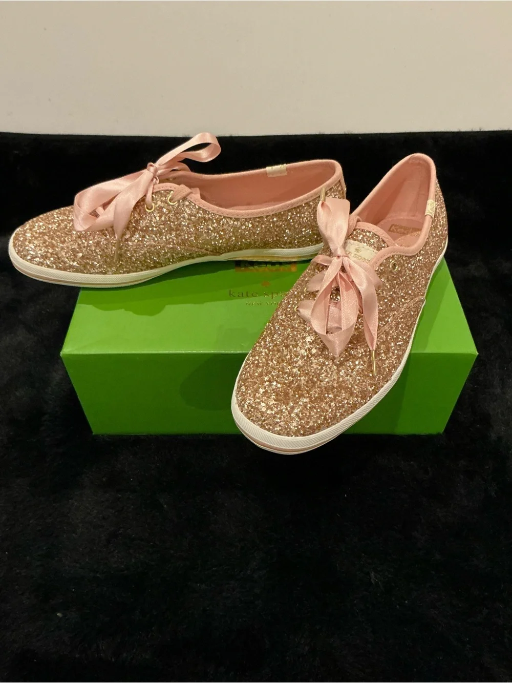 kate spade Rose Gold Glitter Sneakers with Pink Satin Laces